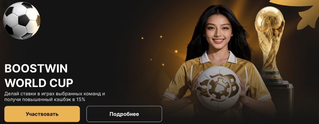 Акция BOOSTWIN WORLD CUP — повышенный кэшбэк 15% за ставки на матчи чемпионата мира